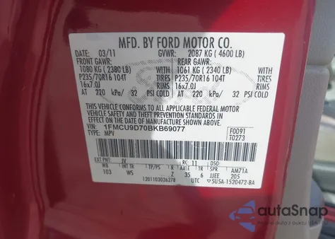 2011 Ford Escape Xlt из США, поврежденный, VIN 1FMCU9D70BKB69077